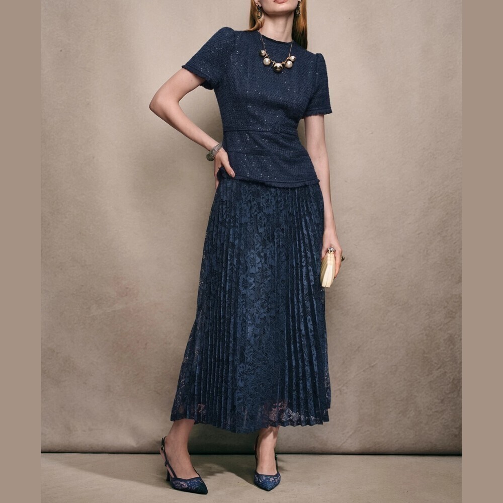 Navy Blue Tweed Peplum Top with Pleated Lace Maxi Skirt